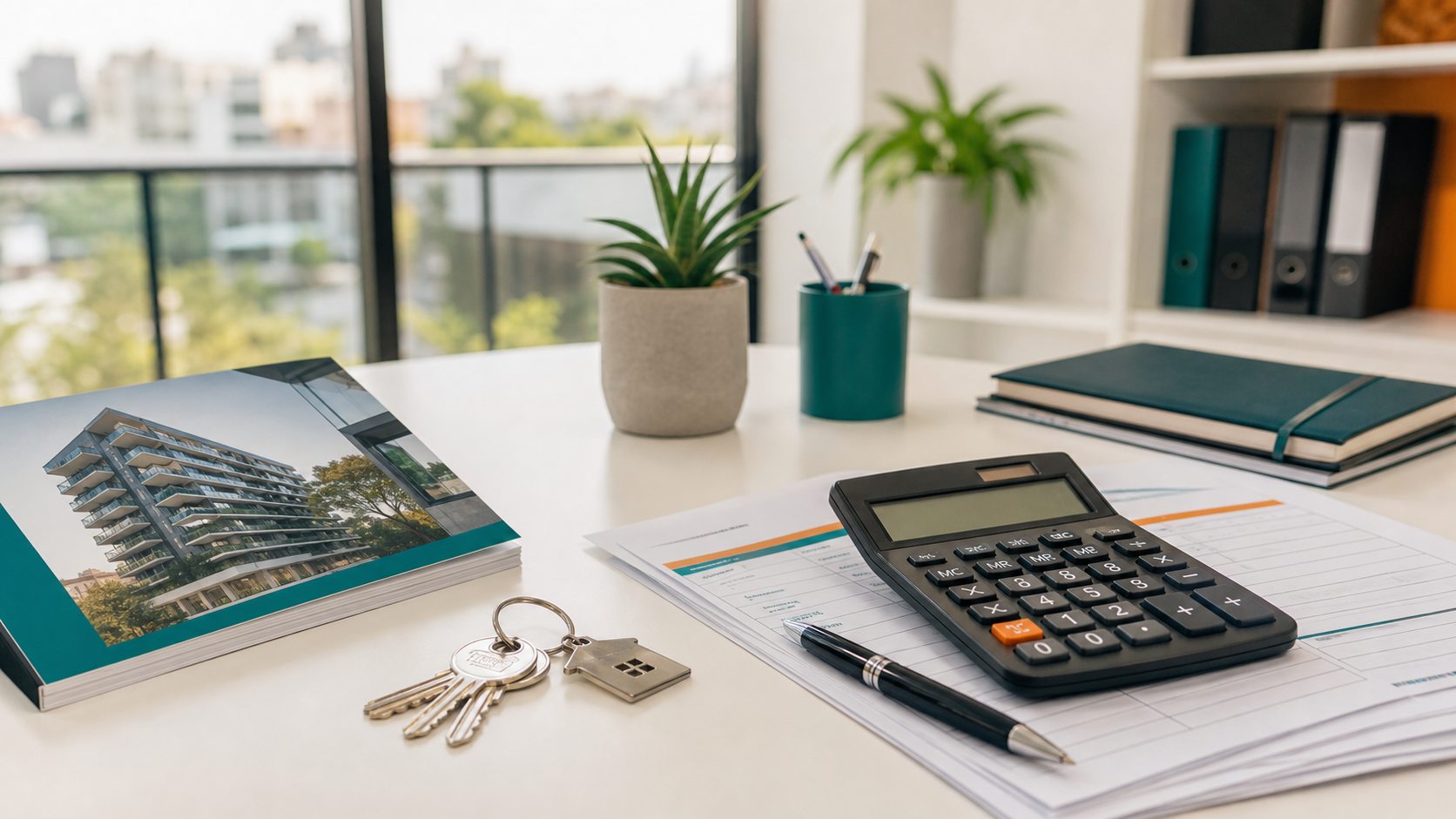 Corredor inmobiliario firmando documentación con clientes en oficina