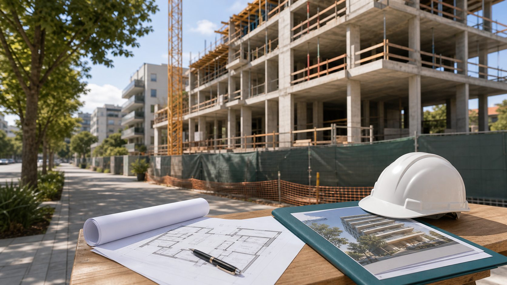 Plano arquitectónico y maqueta de edificio en construcción en Buenos Aires