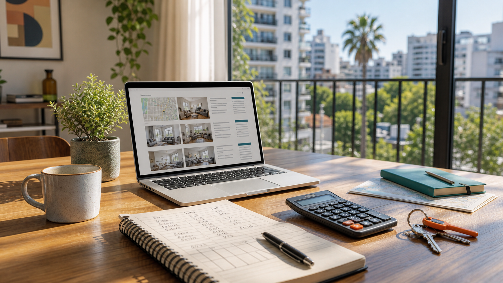 Mesa luminosa con laptop, calculadora, llaves y vista urbana para comparar alquileres en Palermo