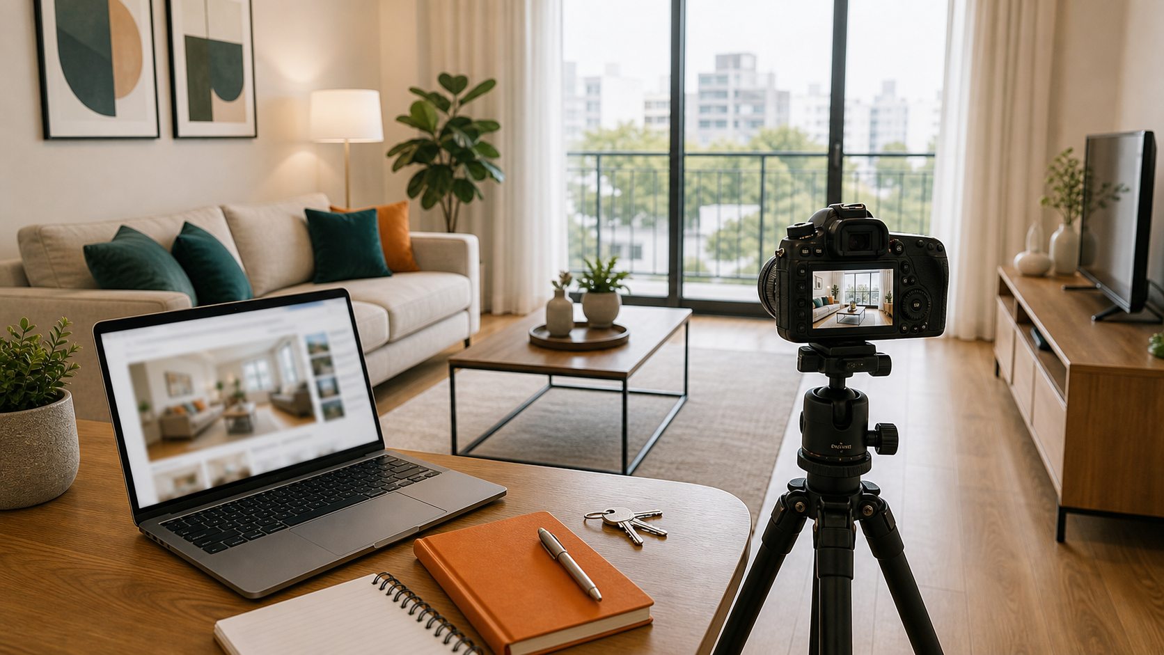 Propietario fotografiando un departamento luminoso para publicar en portal inmobiliario
