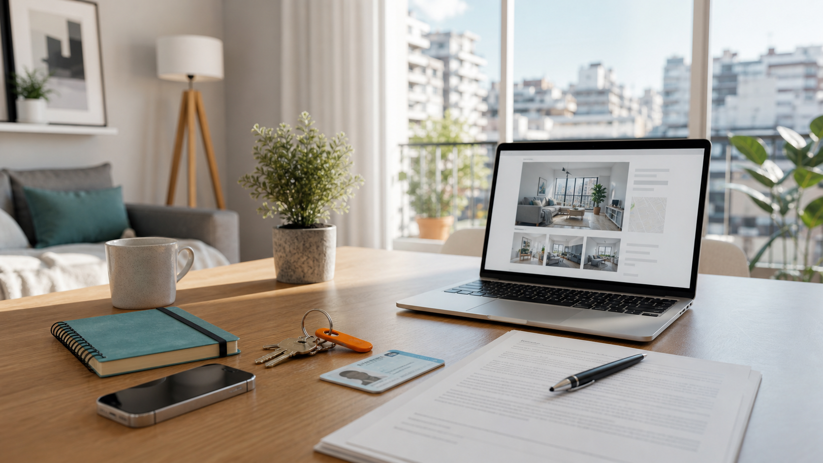 Documentación, llaves y laptop sobre una mesa en un departamento luminoso