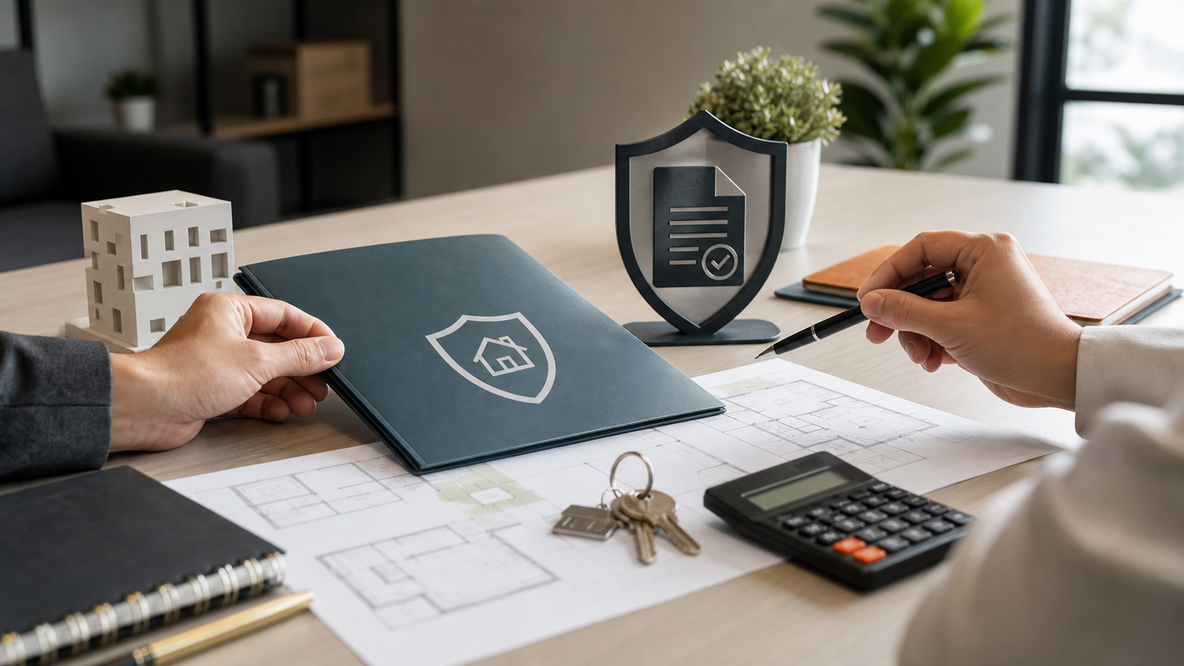 Carpeta de garantía, llaves, planos y calculadora en una mesa de trabajo inmobiliaria