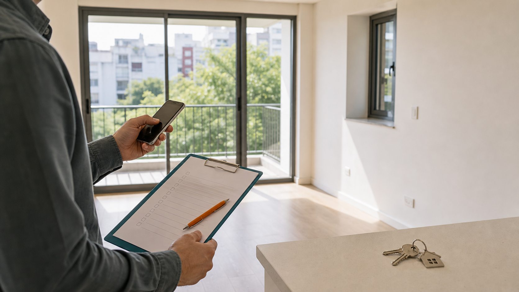 Persona revisando un departamento durante una visita con lista de verificación