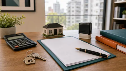 Escritorio con papeles para firmar, lapicera, sello, calculadora, llaves y una casa en miniatura