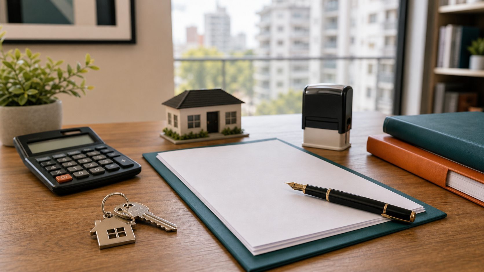Escritorio con papeles para firmar, lapicera, sello, calculadora, llaves y una casa en miniatura