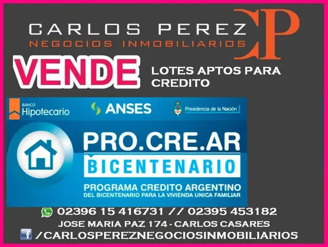 VENTA DE LOTES APTOS PARA CREDITO PROCREAR EN CARLOS CASARES