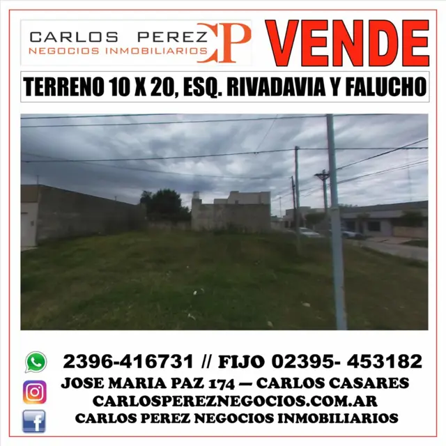 TERRENO EN VENTA 10 X 20 EN ESQUINA RIVADAVIA Y FALUCHO