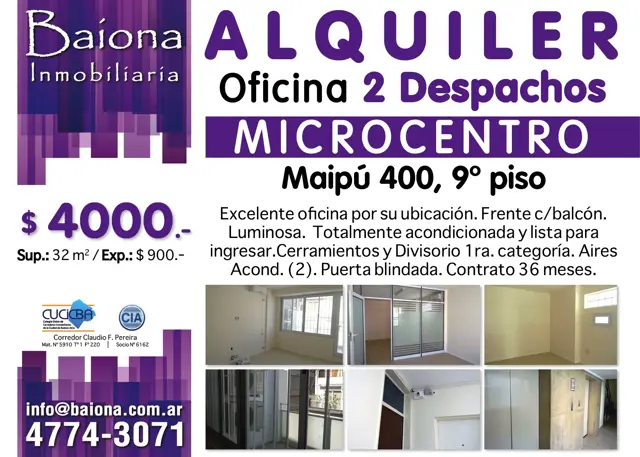 ALQUILER OFICINA : : MAIPU 400 : : MICRO CENTRO : : $ 4000