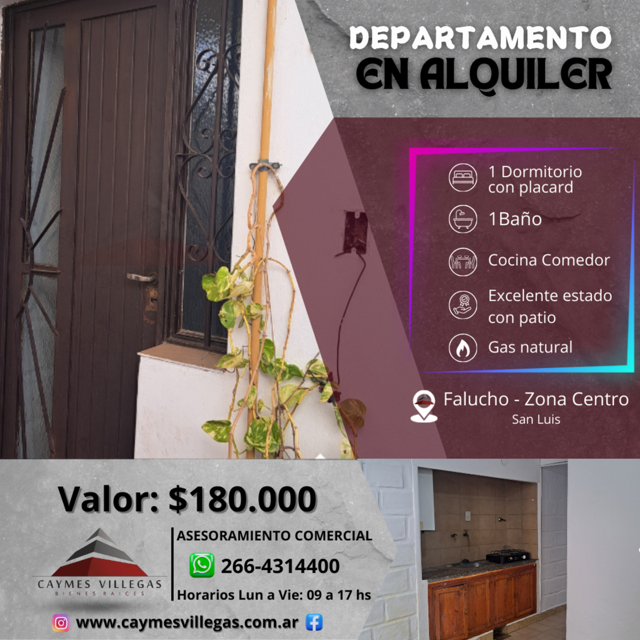 Departamento de 1 dormitorio en alquiler - Zona CENTRO