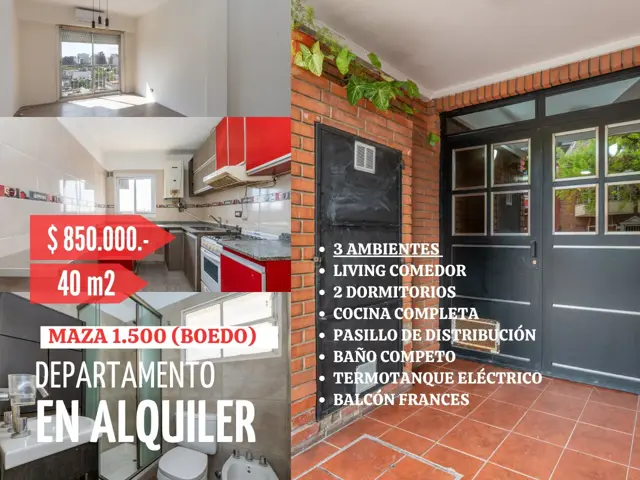 Departamento Tres ambientes en Alquiler,$850.000.-, Maza al 1.500 Muy Luminoso.