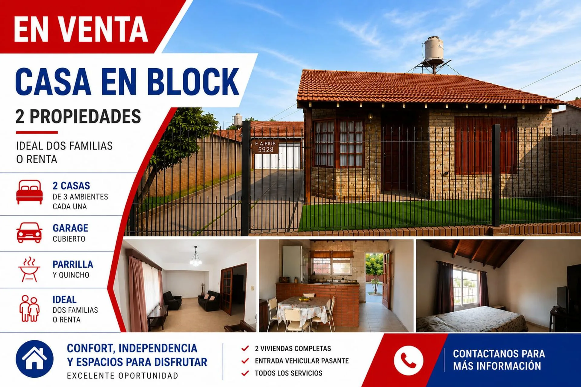 VENTA DE CASA EN BLOCK- 2 CASAS DE 3 AMB. -