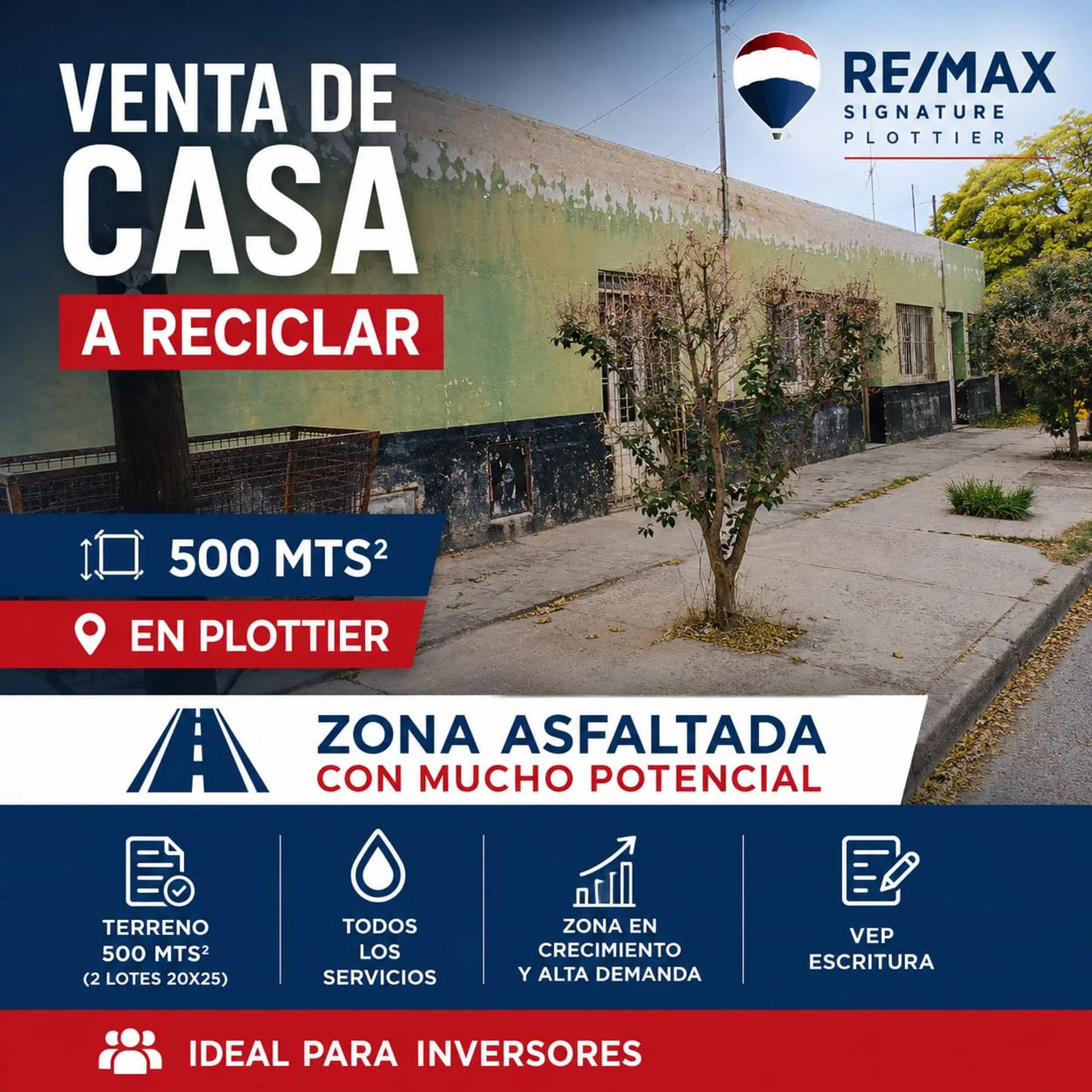 VENTA DE 500 MTS2 ( 2 LOTES ) CON CASA A RECICLAR